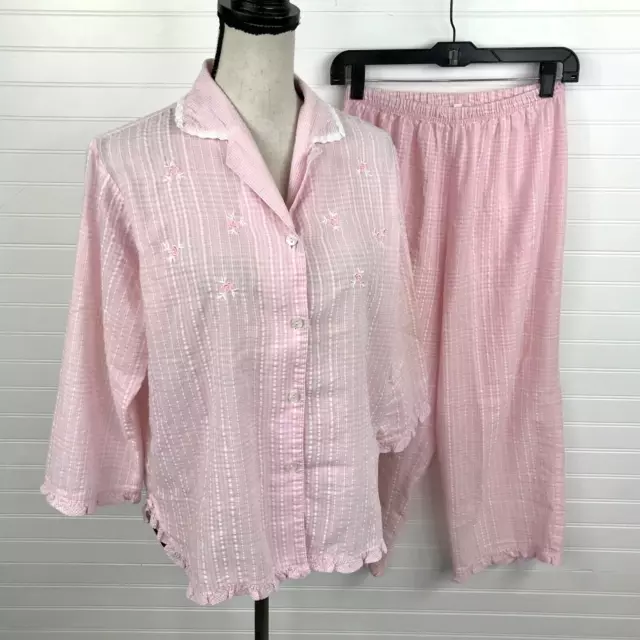 Miss Elaine Pink Seersucker Pajama PJ Set 2 Piece Size Small Embroidered Ruffle