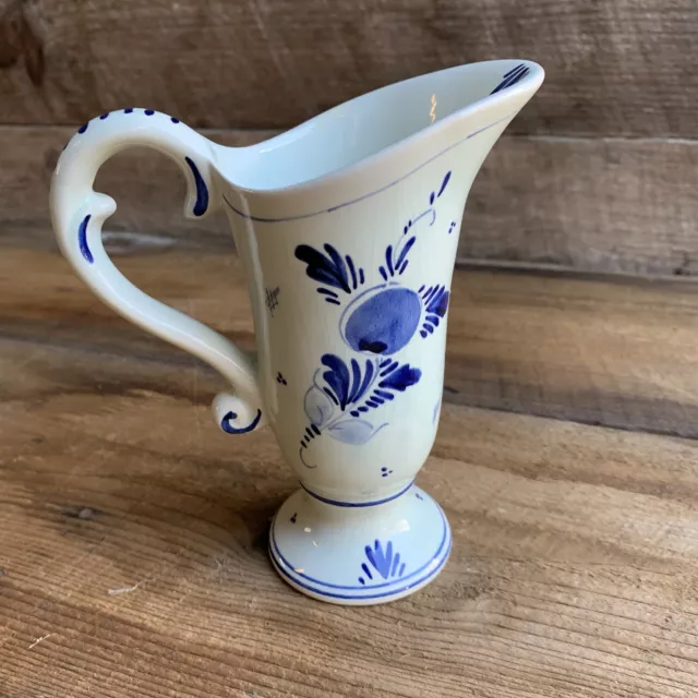 Delft Ware Blue & White Ewer Pitcher Vase Windmill & Floral Motifs 6” T Signed 3