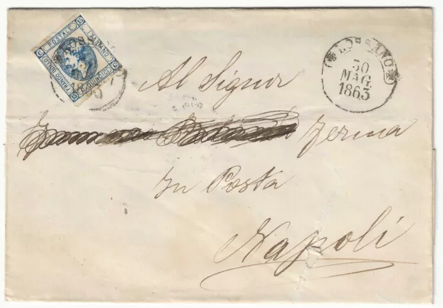 Regno - 15 cent. 1863 (I tipo) su piego per Napoli con annullo di Fossano