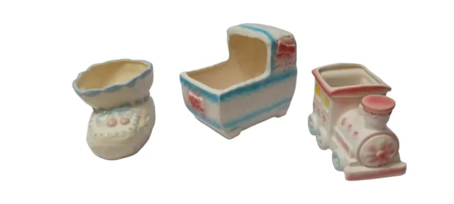 3 Vtg Nancy Pew Ceramic Baby Shower Planter Nursery Pink Blue Train Crib Shoe