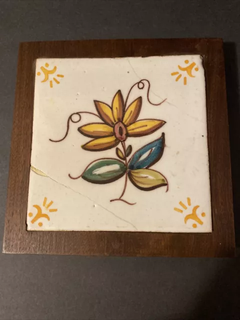 Vintage Portugese Wall Tile ~ Flower ~ Set In Wood frame~DAMAGED