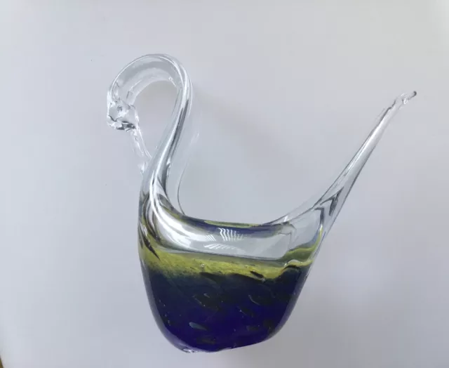 Mtarfa Maltese Glass Blowers Glass Swan,Clear, Yellow & Blue Glass 15cm tall NEW
