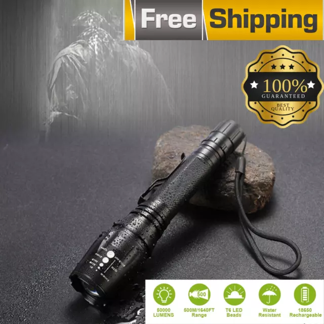 Tactical T6 LED Flashlight 50000Lm Aluminum Torch Zoomable 5 Modes