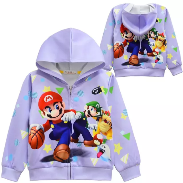 Felpa con cappuccio bambini ragazzi super Mario ragazza cappotto felpa top cerniera cartone animato nuova 3