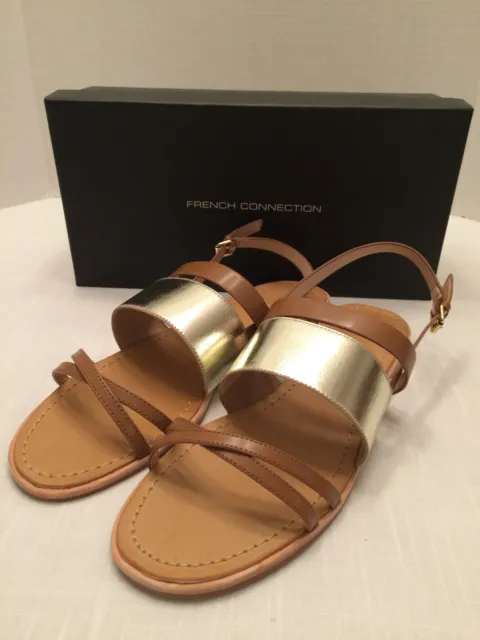FRENCH CONNECTION Tan & Gold Ankle Strap Sandals Womens Sz 10 M Euro 41 New $95 2