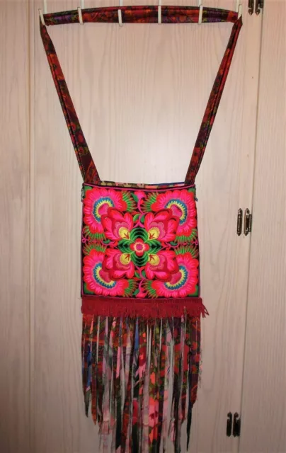 Boho Hippie Heavily Embroidered Pink & Red Hmong Fabric Bag Purse Crossbody 2