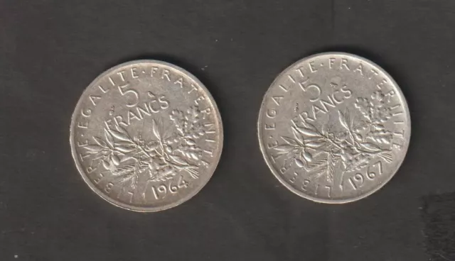 LOT de 2 PIECES de 5 FRANCS SEMEUSE en  ARGENT - Années 1964 et 1967 -