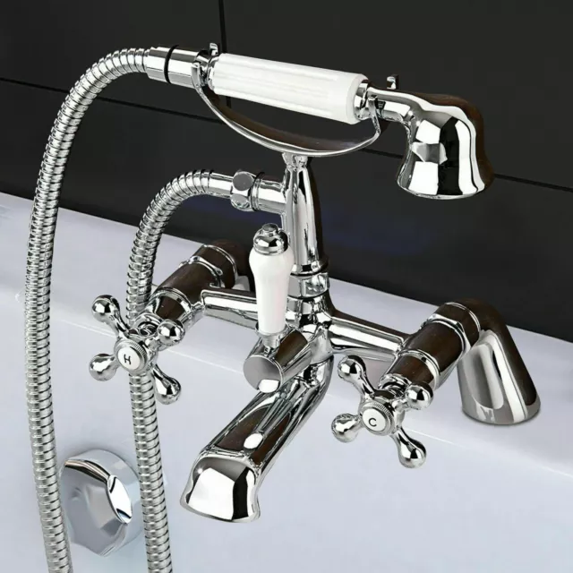 Victorian Shower Bathroom Mixer Tap Bath Filler with Brass Handset Set Chrome