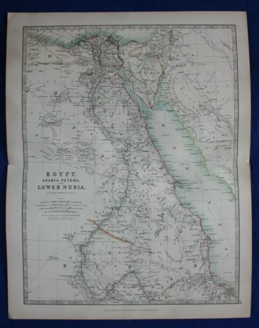 Original antique map EGYPT, ARABIA PETRAEA & LOWER NUBIA, T.B. Johnston, 1896