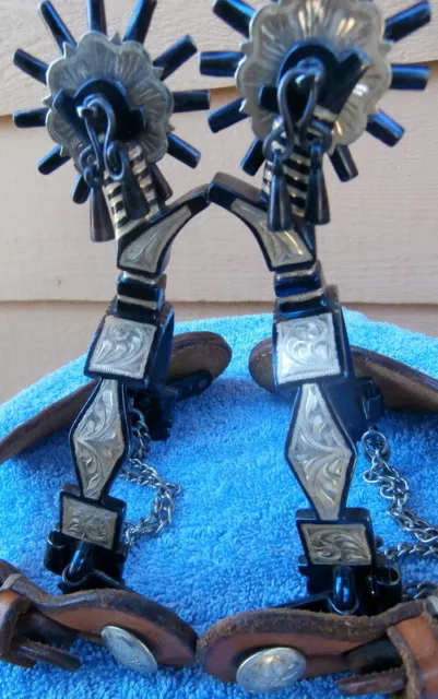 Silver Inlay Blued Jingle Bob Horse Spurs Custom Tooled Oak Leaf Straps