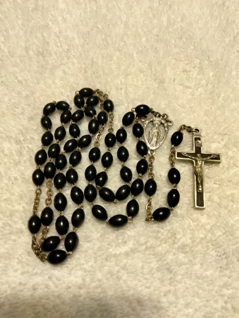 19th C Wood Bead Rosary French Ebony Crucifix Our Lady Of Flowers Center