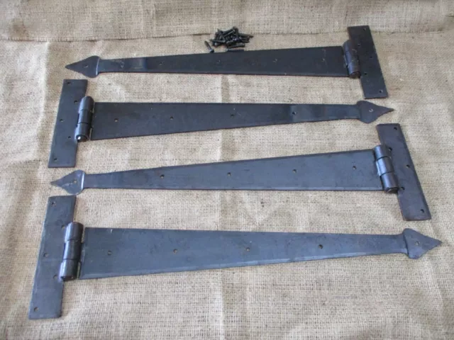4 LARGE Strap T Hinges 18" Tee Hand Forged In Fire Barn Rustic Door Iron Arrow