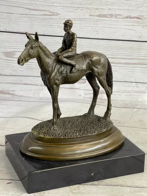 Hand Made Solid Bronze Equestrian Horse With Jockey On Walnut Base Rare Find