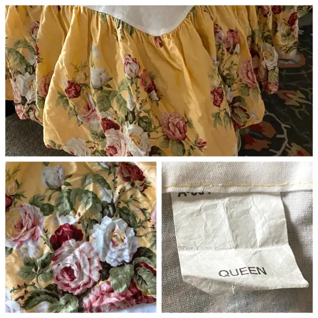 Vtg Ralph Lauren Kathleen Yellow Floral Sateen Cotton Bedskirt Sz Queen