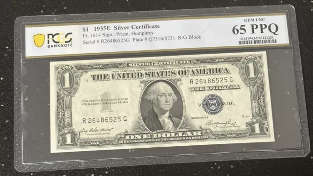 1935-E $1 Silver Certificate Note Bill Fr. 1614 PCGS MS 65 PPQ - TCCCX D