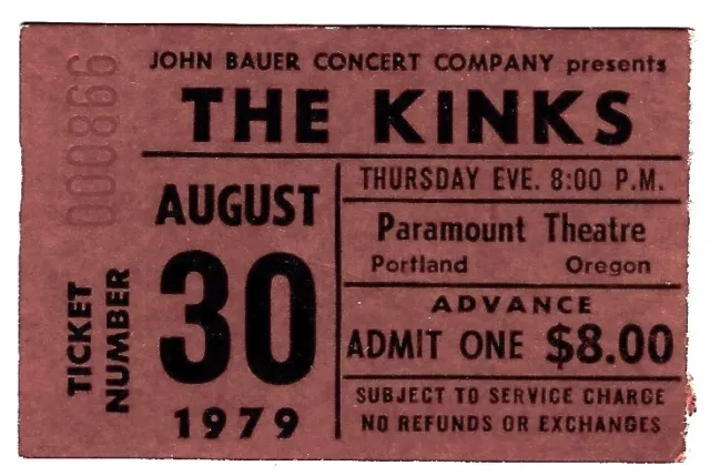 The Kinks 8/30/79 Portland OR Paramount Theatre Ticket Stub