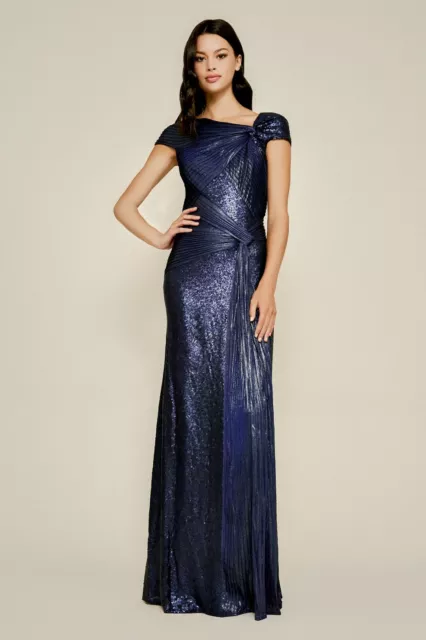 TADASHI SHOJI Mdinight Navy Blue PARMA Pintuck Sequin Jersey Grecian Gown M 8