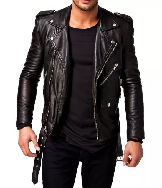 Herren Lederjacke Schwarz Neu Slim Fit Biker Echt Lammleder Jacke Echtes Leder