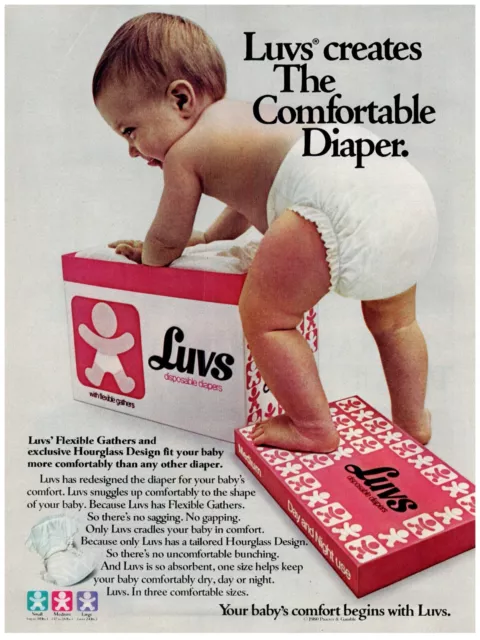 1981 Luvs Print Ad, Comfortable Diaper Cute Baby Climb on Box Flexible Gathers