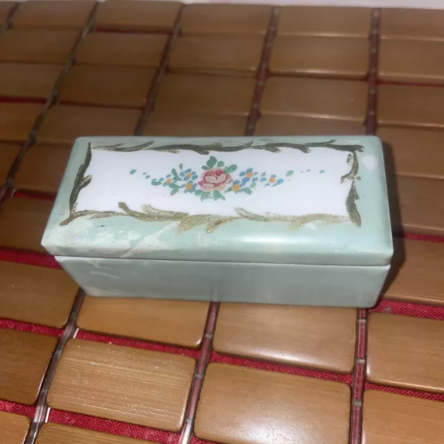 Antique Elfinware Hand Painted Porcelain Stamp Box Seafoam Green Trinket Germany