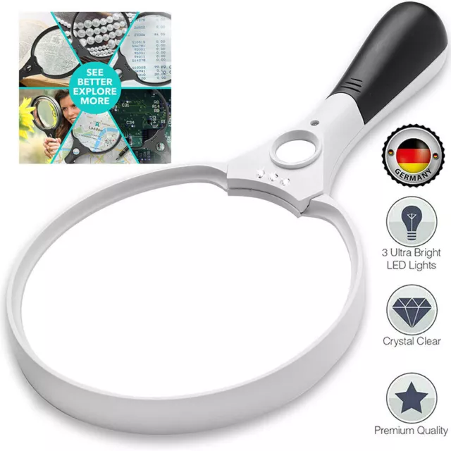 25X Extra Large Strong Magnifying Glass 3 Bright LED Zoom Hand Held Lightweight 2