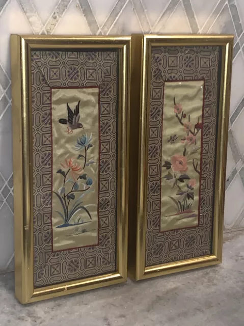 Vintage PR Chinoiserie Silk Panels Embroidered Bird Floral 11.75” 5.5” Framed