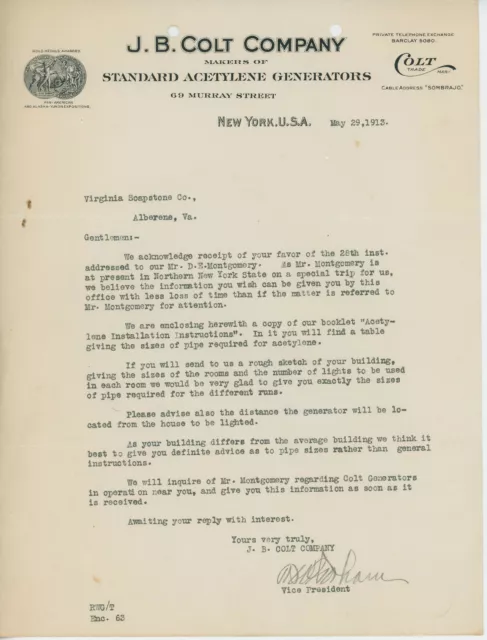 1913 J B Colt Letterhead New York NY Acetylene Generators Lights Lighting