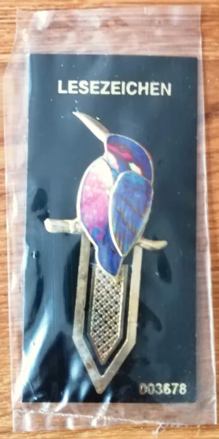 Metall-Lesezeichen mit buntem Vogel, noch in Folie eingeschweißt