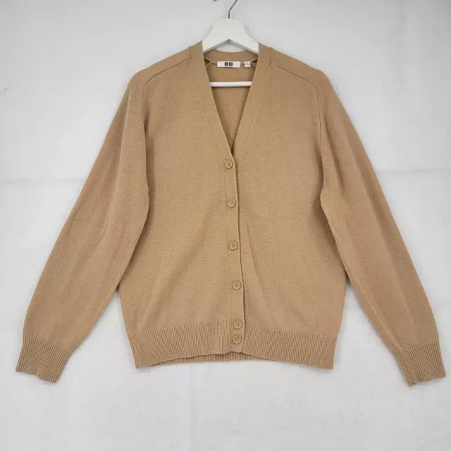 Uniqlo 100% Wool Cardigan Sweater Womens Medium Beige Gold Grandpa Button Front