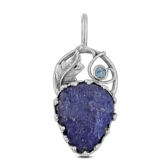 Handmade Genuine Raw Rough Tanzanite Stone Pendant 925 Sterling Silver Leaf