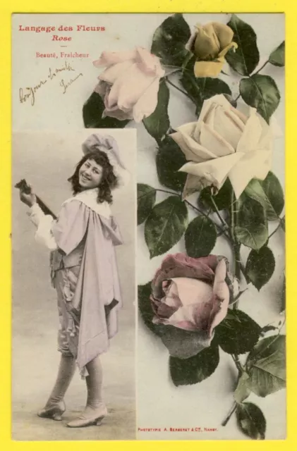 cpa BERGERET & cie à NANCY Ecrite en 1904 FEMME Langage des FLEURS "ROSE"