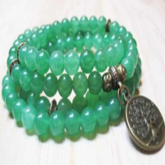6mm Natural 108 knot green jade beads copper tree pendant necklace Choker Steel