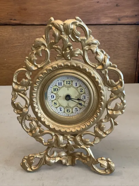 Works! VINTAGE ANTIQUE GOLD GILDED NOVELTY ART NOUVEAU WIND UP SMALL CLOCK