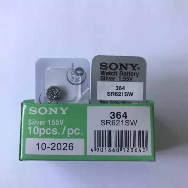 5 x Sony 364, 1.55V Silver Oxide Watch Battery SR621SW V364 SR60 SR621 AG1