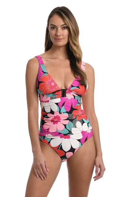 La Blanca Women's Over The Shoulder Front Knot Tankini Swim Top Multicolor 10
