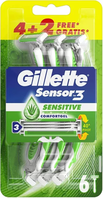 Gillette Sensor 3 Sensitive Disposable Razors with Aloe Vera - Pack of 6