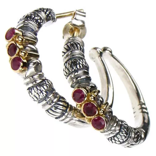 Gerochristo 1012~  Solid Gold, Silver & Rubies - Byzantine Open Hoop Earrings
