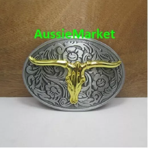 1 x mens belt buckle quality metal alloy jeans gold longhorn farmer farm cowboy