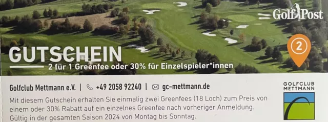 2 für 1 Greenfee oder 30 % für Einzelspieler*innen