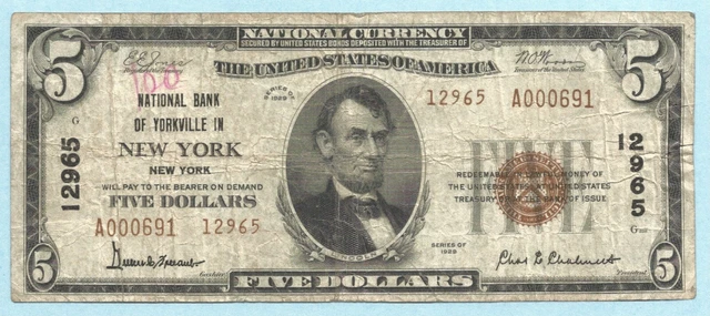 $5 National Currency 1929 T2 - Ch#12965 - NB of Yorkville, New York, NY - F+