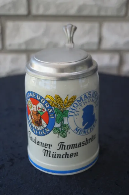Schöner,älterer Bierkrug mit Zinndeckel von Paulaner Thomas Bräu 0,5 L