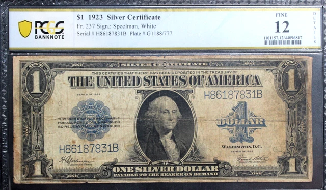 1923 $1 Silver Certificate   Large Size  Fr 237 H-B Block Pcgs 12 Fine