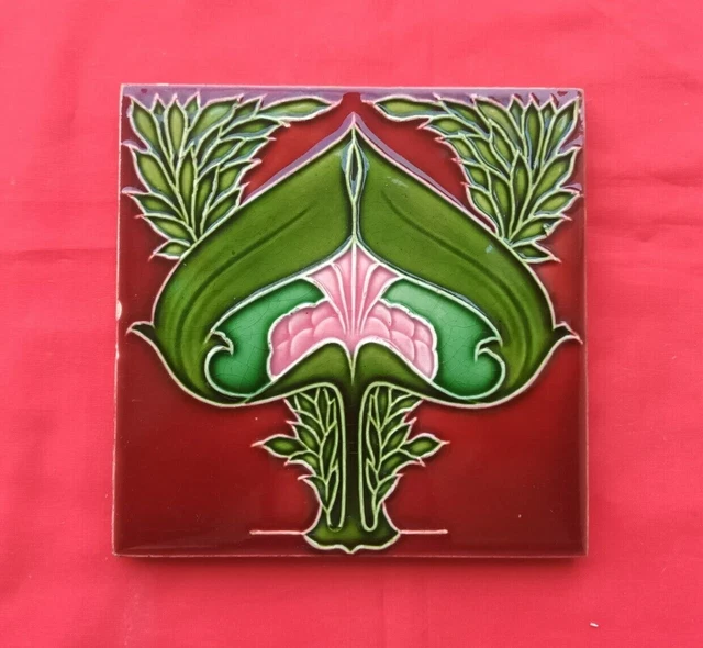 1 Piece Old Art Flower Design Embossed Majolica Ceramic Tiles England 0198