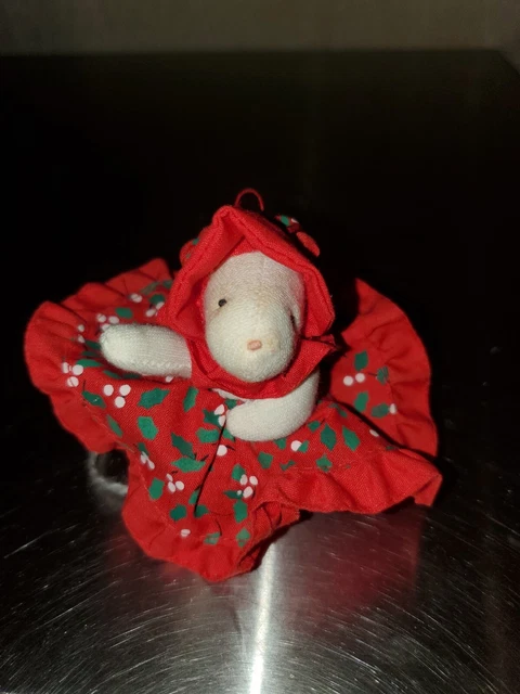 Vintage 1980s 2.5" Russ Berrie Mouse w/ Red Christmas Dress & Bonnet Ornament