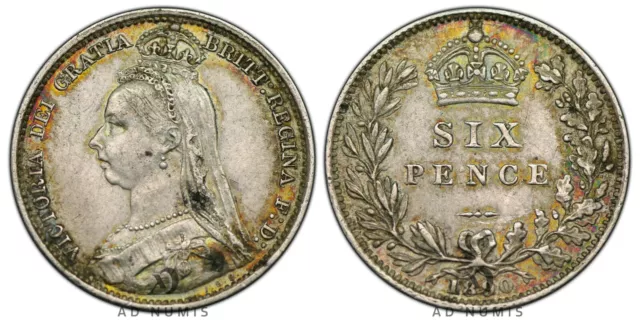 Regno Unito 6 Pence 1890 Argento Regina Victoria Coronata AU Moneta Inglese