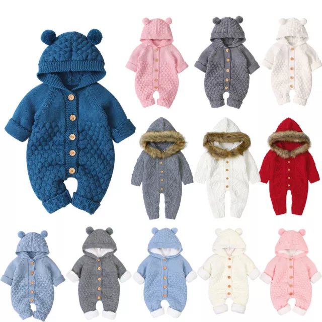 Winter Baby Boy&Girl Sweater Hooded Knit Faux Fur Collar Jumpsuit Romper Clothes