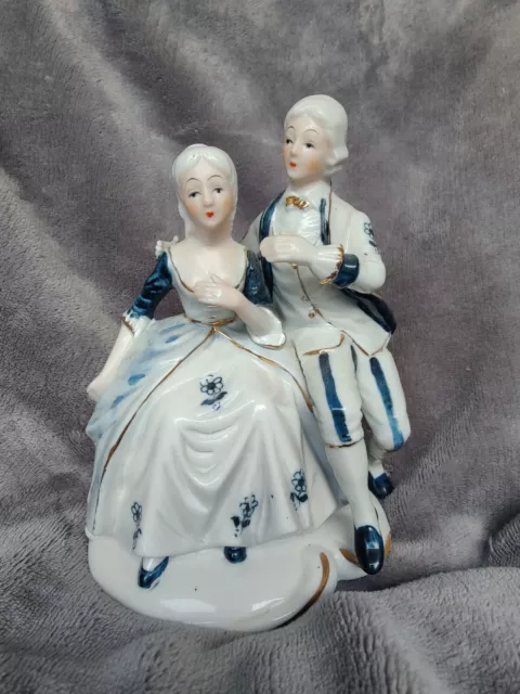 Vintage Porcelain KPM Figurone, Romantic Victorian Couple White, Blue, Gold Trim