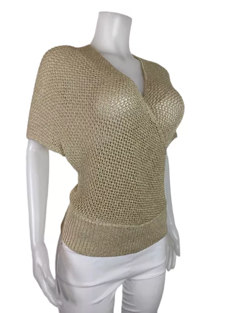 Minnie Rose Women Sweater Size M Gold Open Stitch Wrap V Neck Mesh. B147