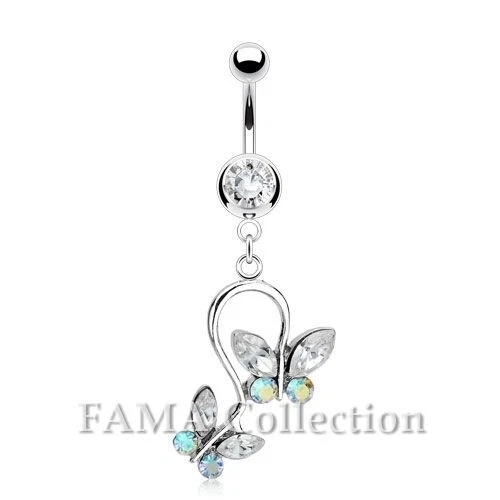 Top Quality FAMA 2 Butterfly Multi Gem Dangle Navel Belly Ring Surgical Steel