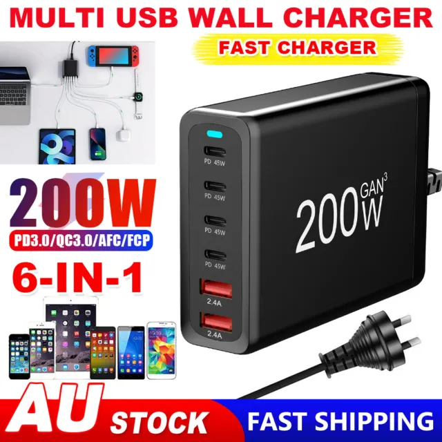 200W Fast Charger 6 Ports Quick Charging Type C USB C Adapter For iPhone Samsung